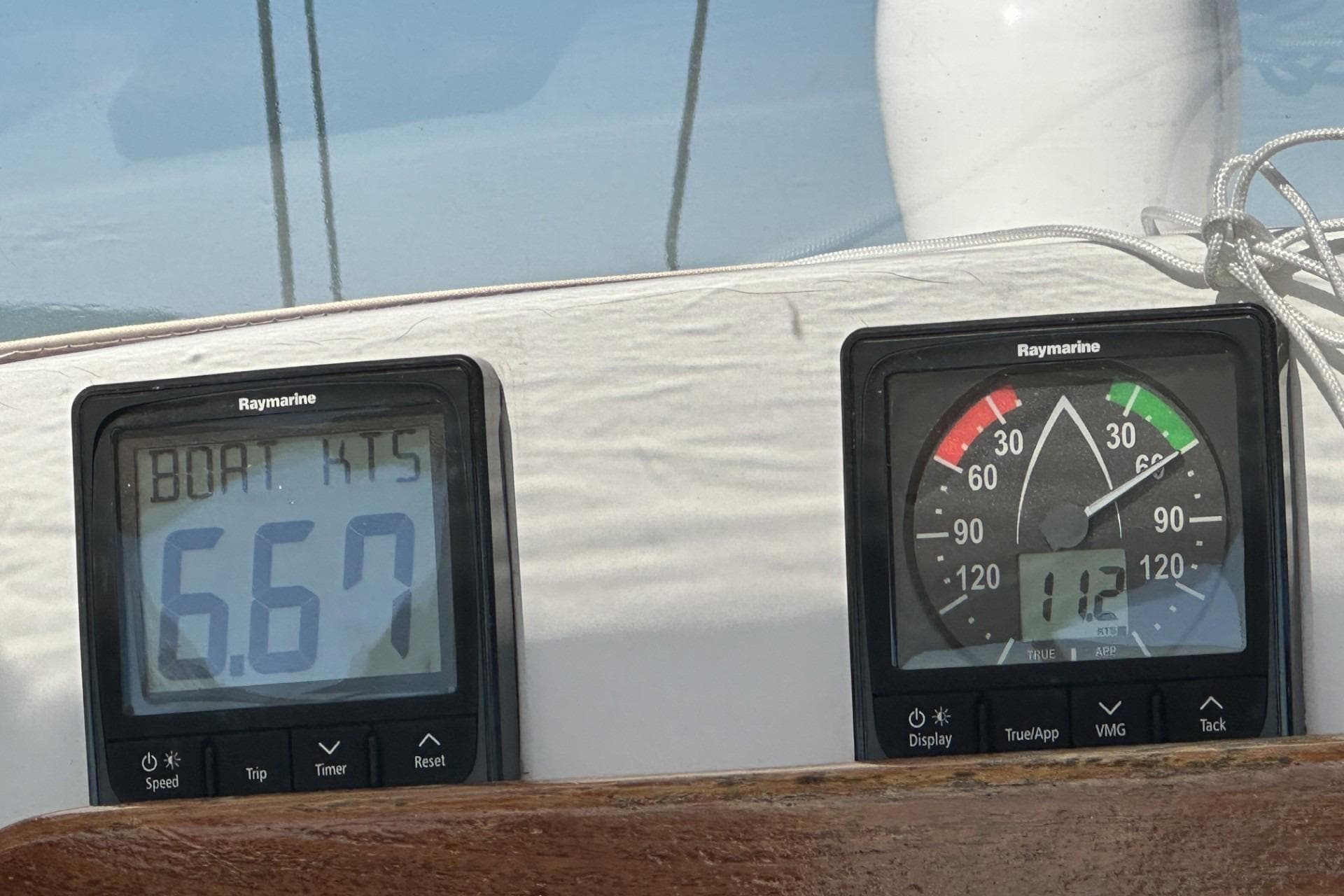 Raymarine instruments on 2004 J Boats J/32 showing speed 6.67 knots and wind angle 112 degrees.