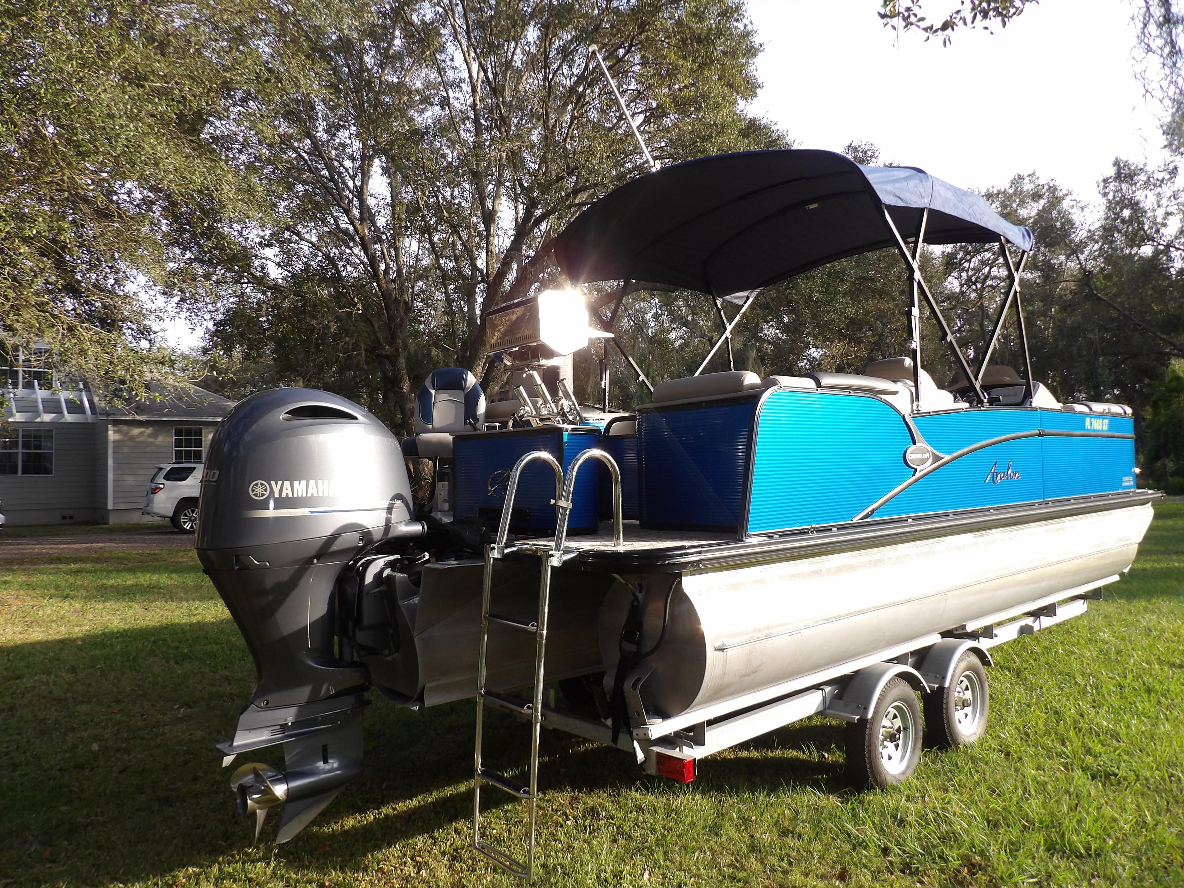 2020 Avalon 2385 Catalina QL SWS pontoon boat with Yamaha engine on trailer.