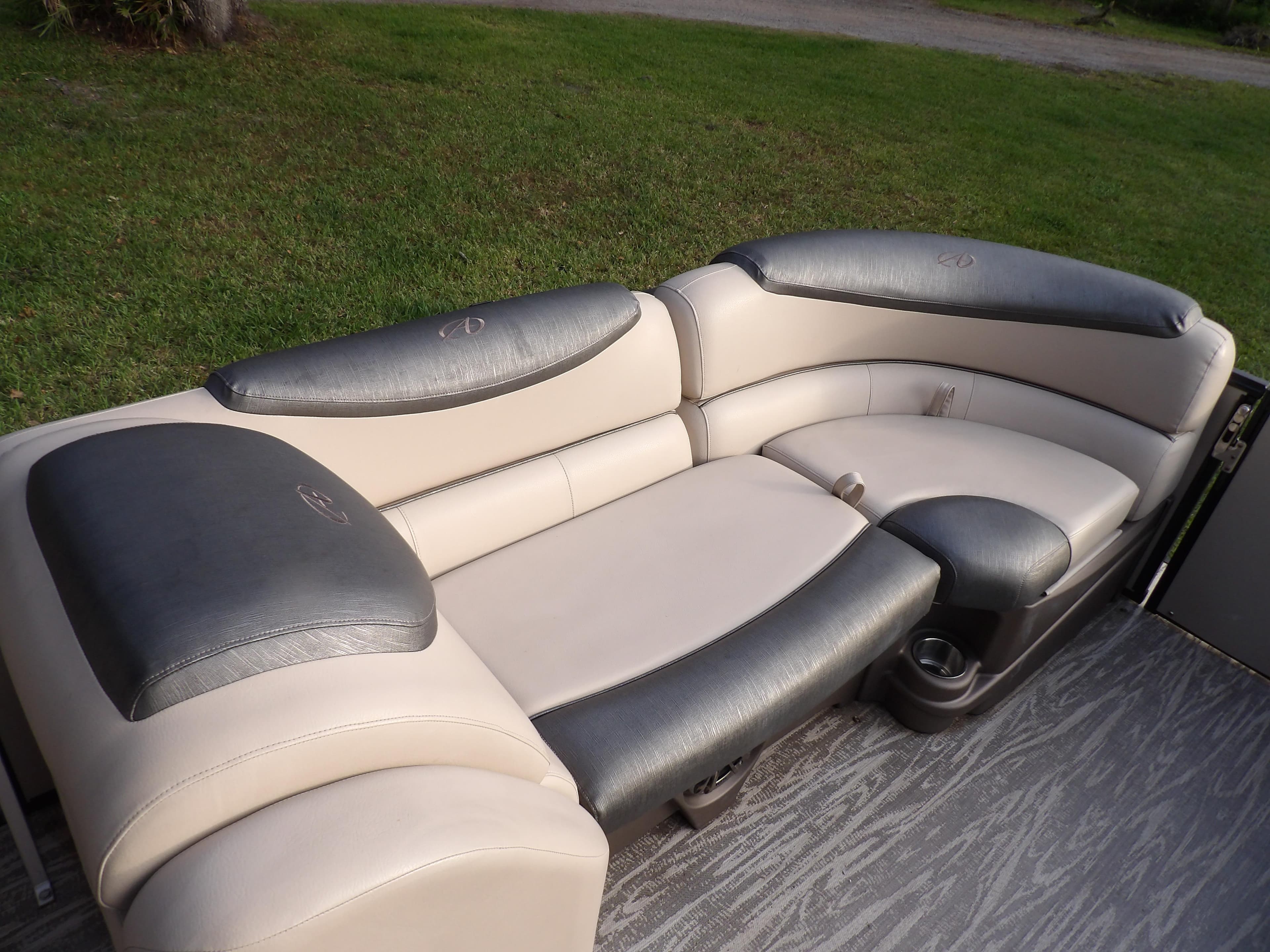 2020 Avalon 2385 Catalina QL SWS boat interior seating with gray and beige upholstery.