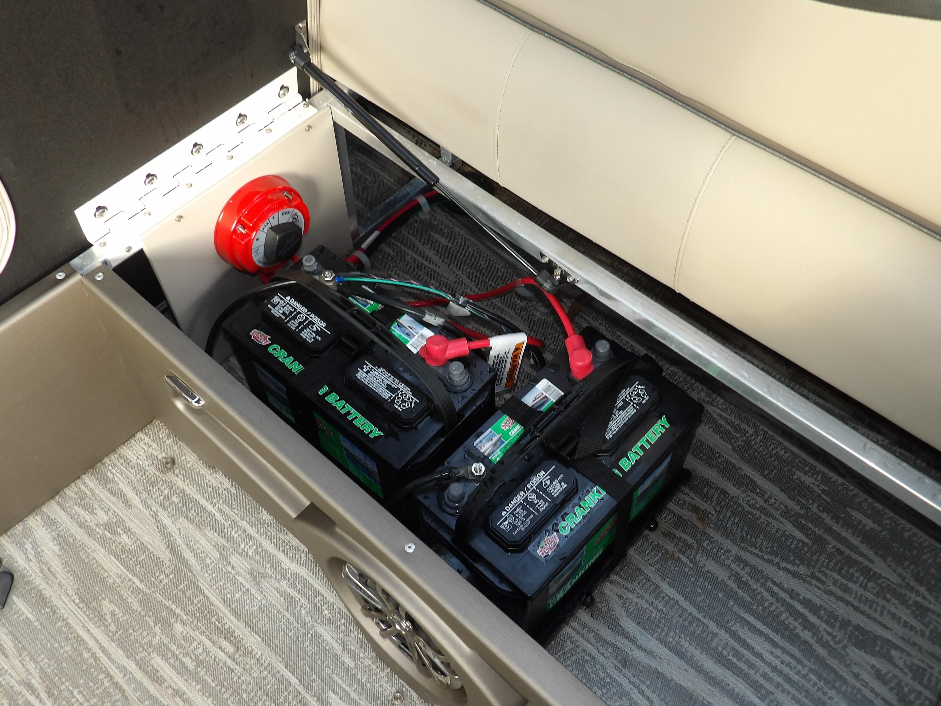 Battery compartment of 2020 Avalon 2385 Catalina QL SWS boat.