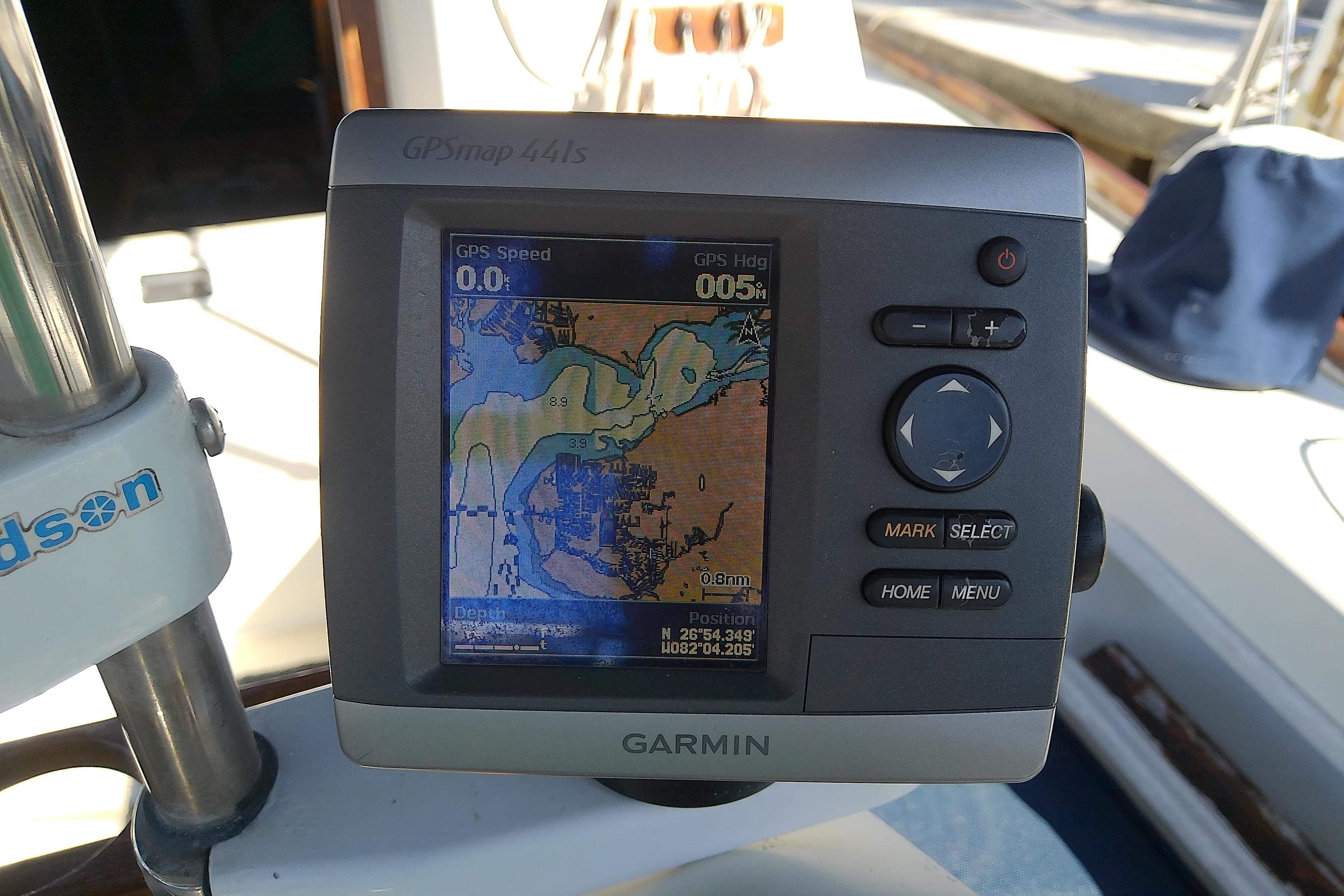 Garmin GPSmap 441s on 1988 Pearson 36-2 sailboat, displaying nautical chart.