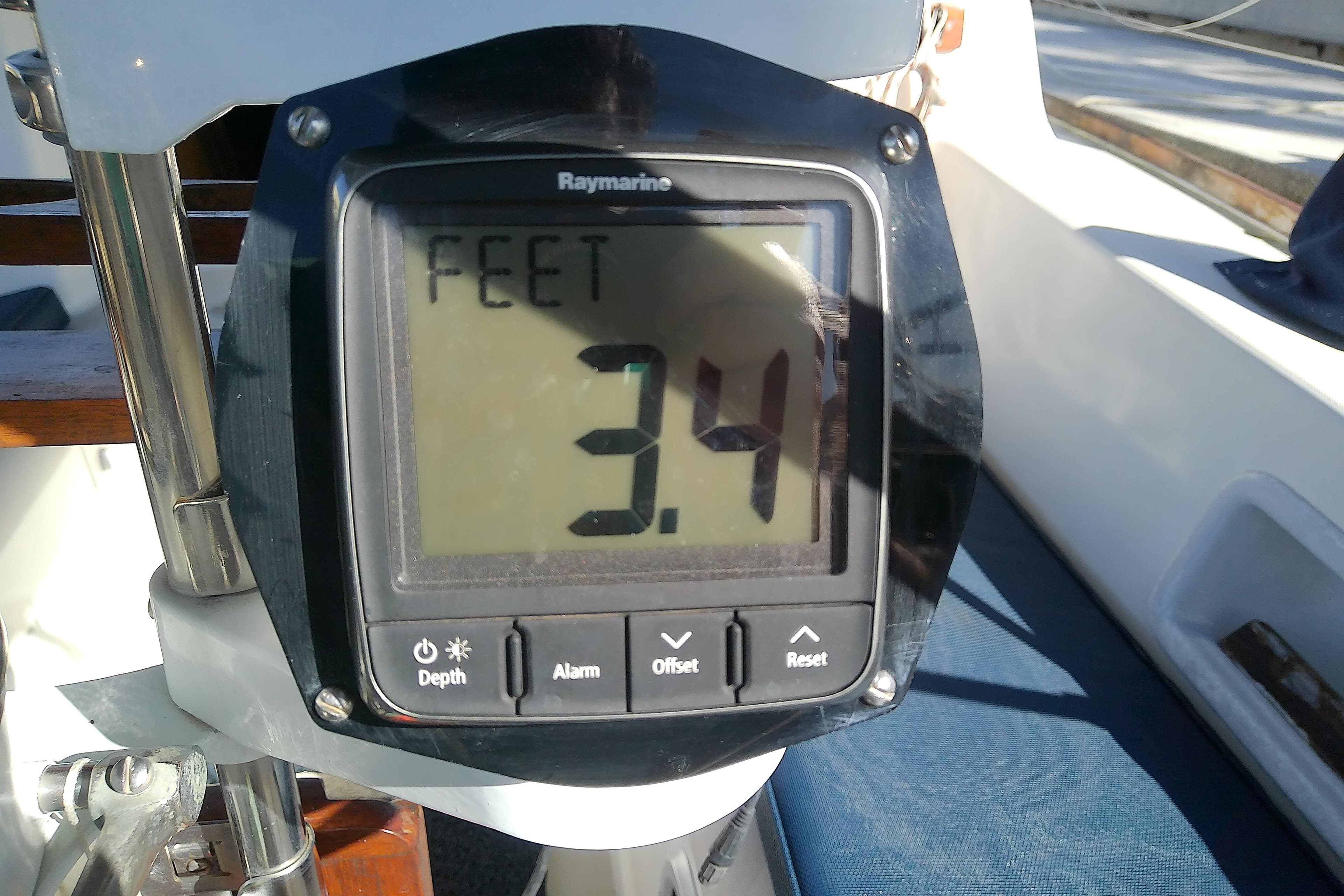 Depth gauge on 1988 Pearson 36-2 sailboat displaying 3.4 feet.