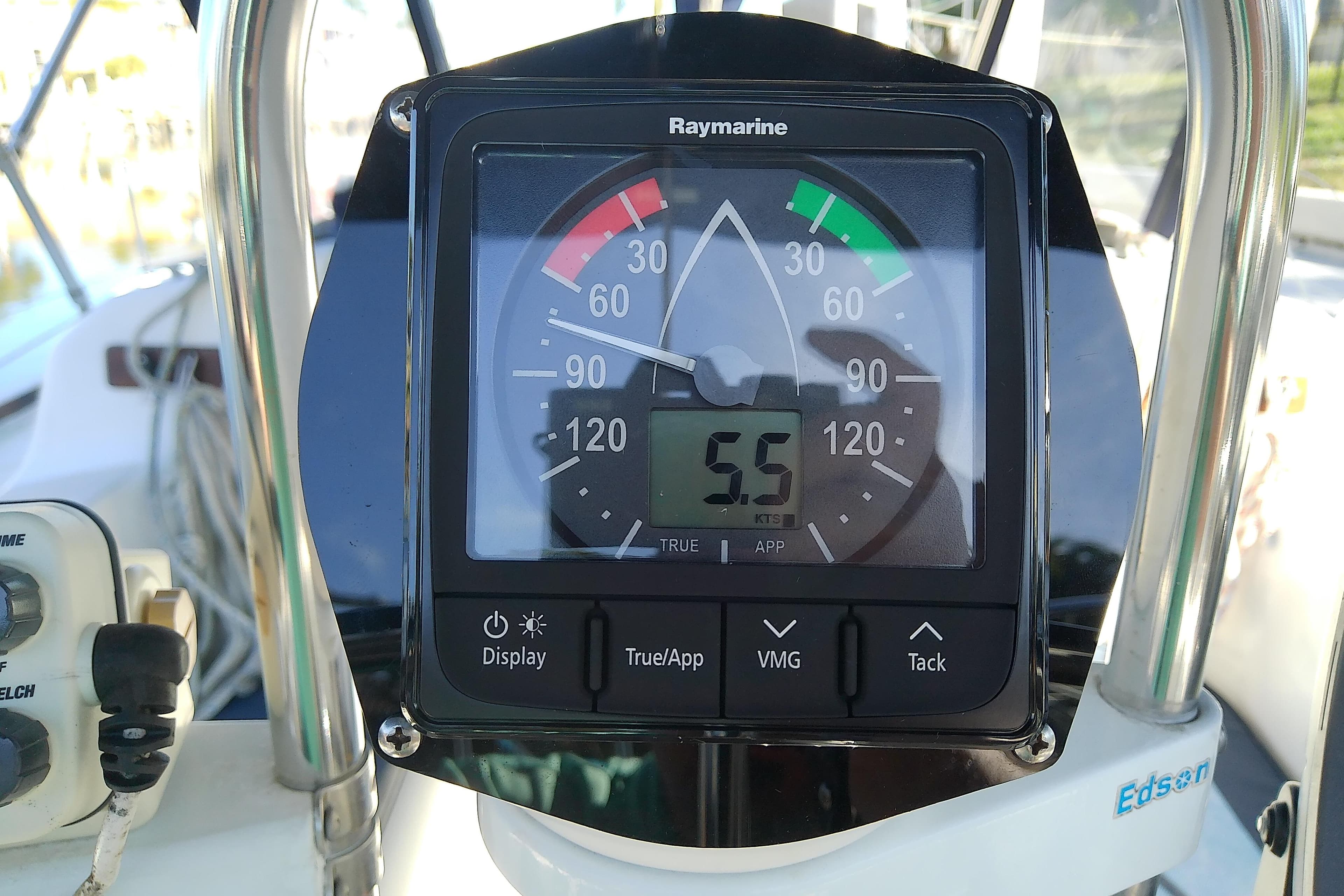 Raymarine display on 1988 Pearson 36-2 sailboat showing speed of 5.5 knots.