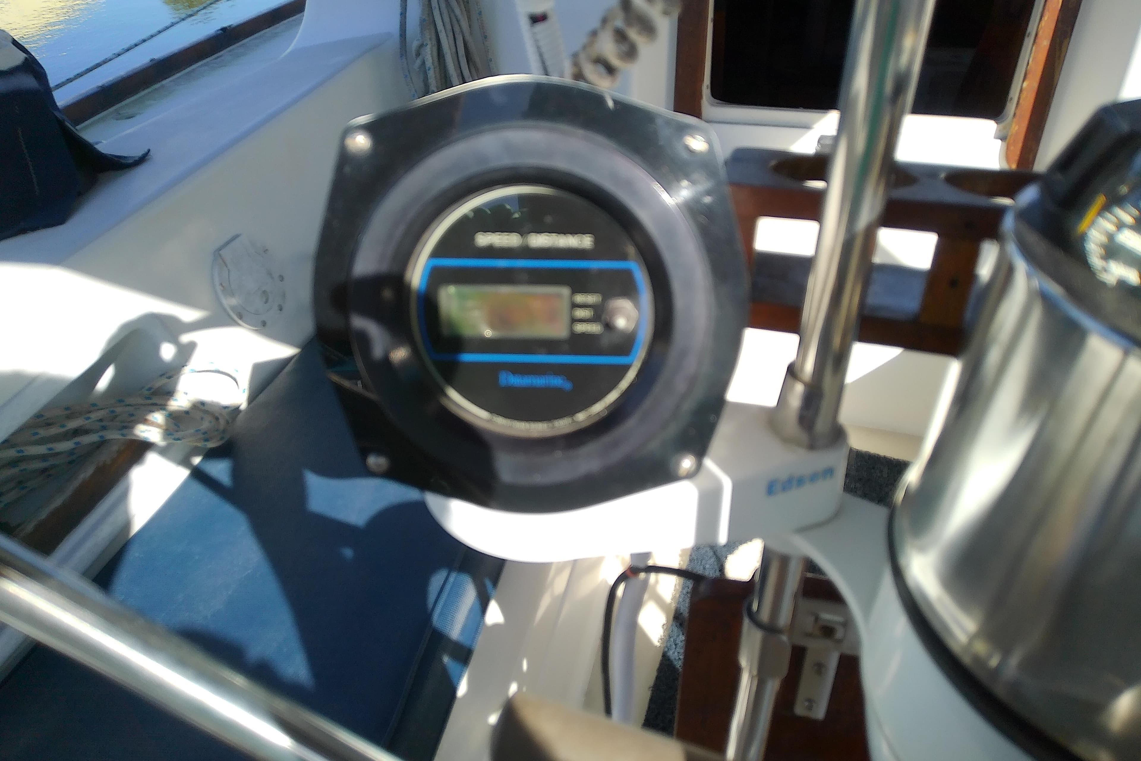 Close-up of a 1988 Pearson 36-2 sailboat's speedometer and navigation equipment.