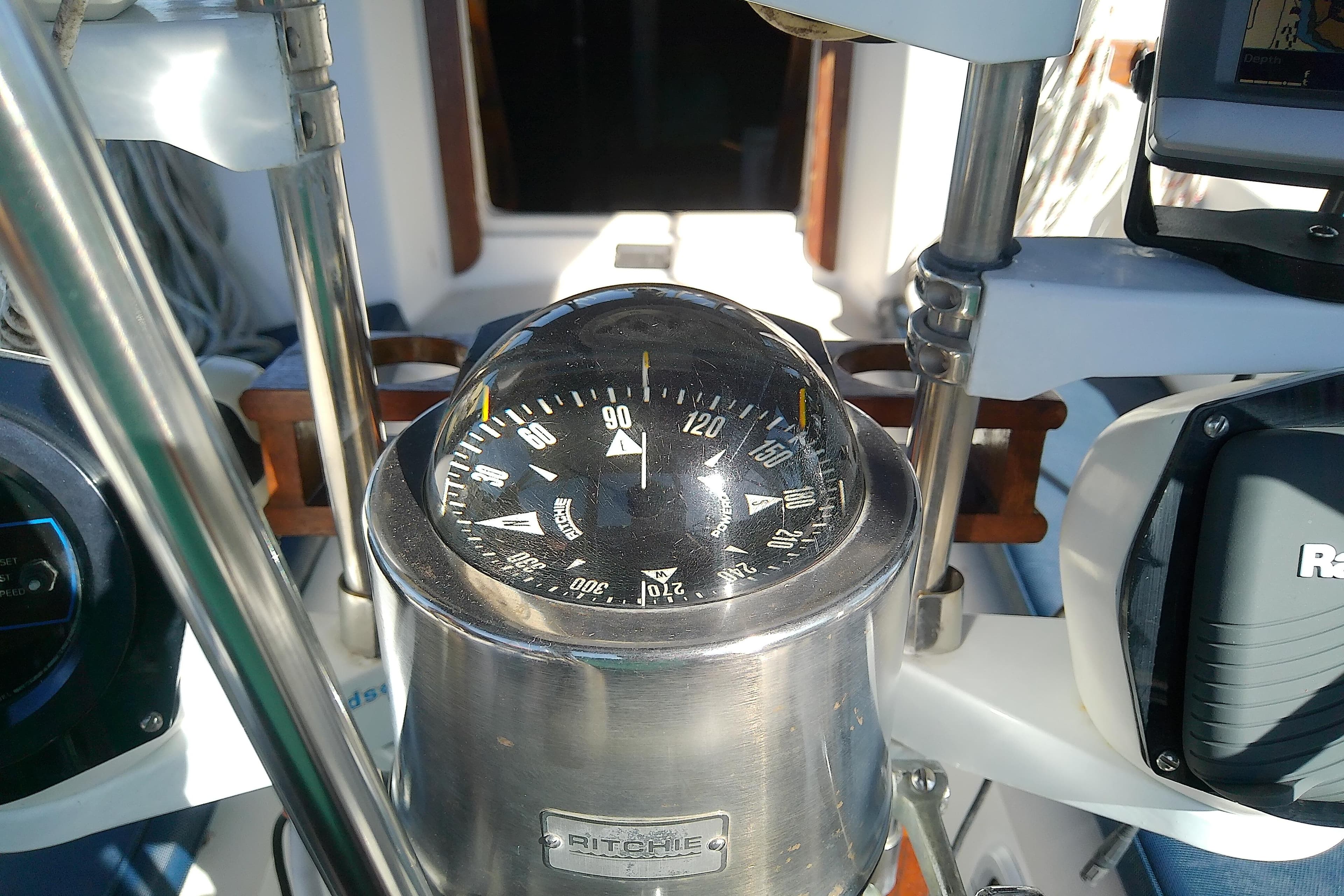 Compass on 1988 Pearson 36-2 sailboat, featuring Ritchie navigation equipment.