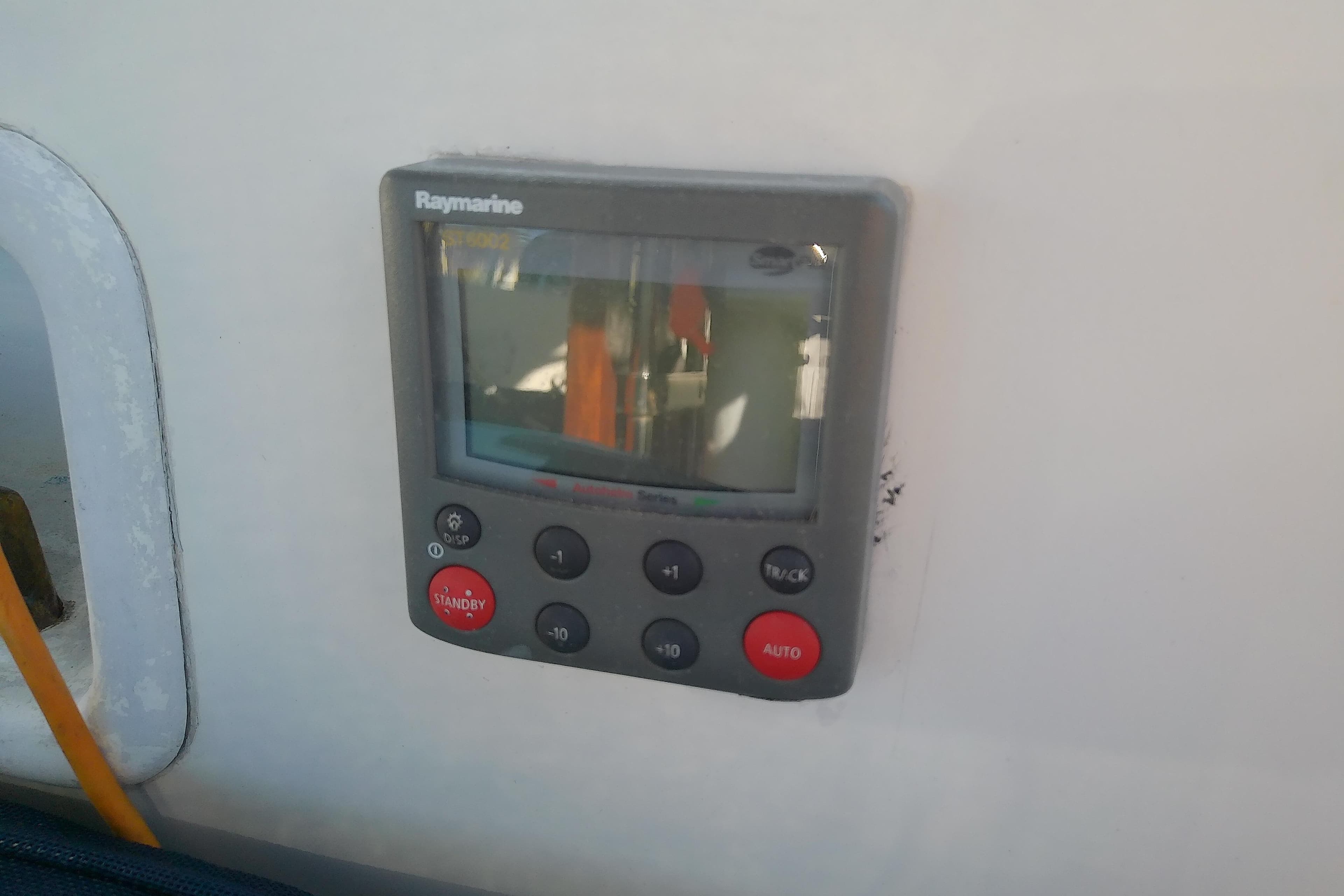 Raymarine autopilot control on 1988 Pearson 36-2 sailboat dashboard.