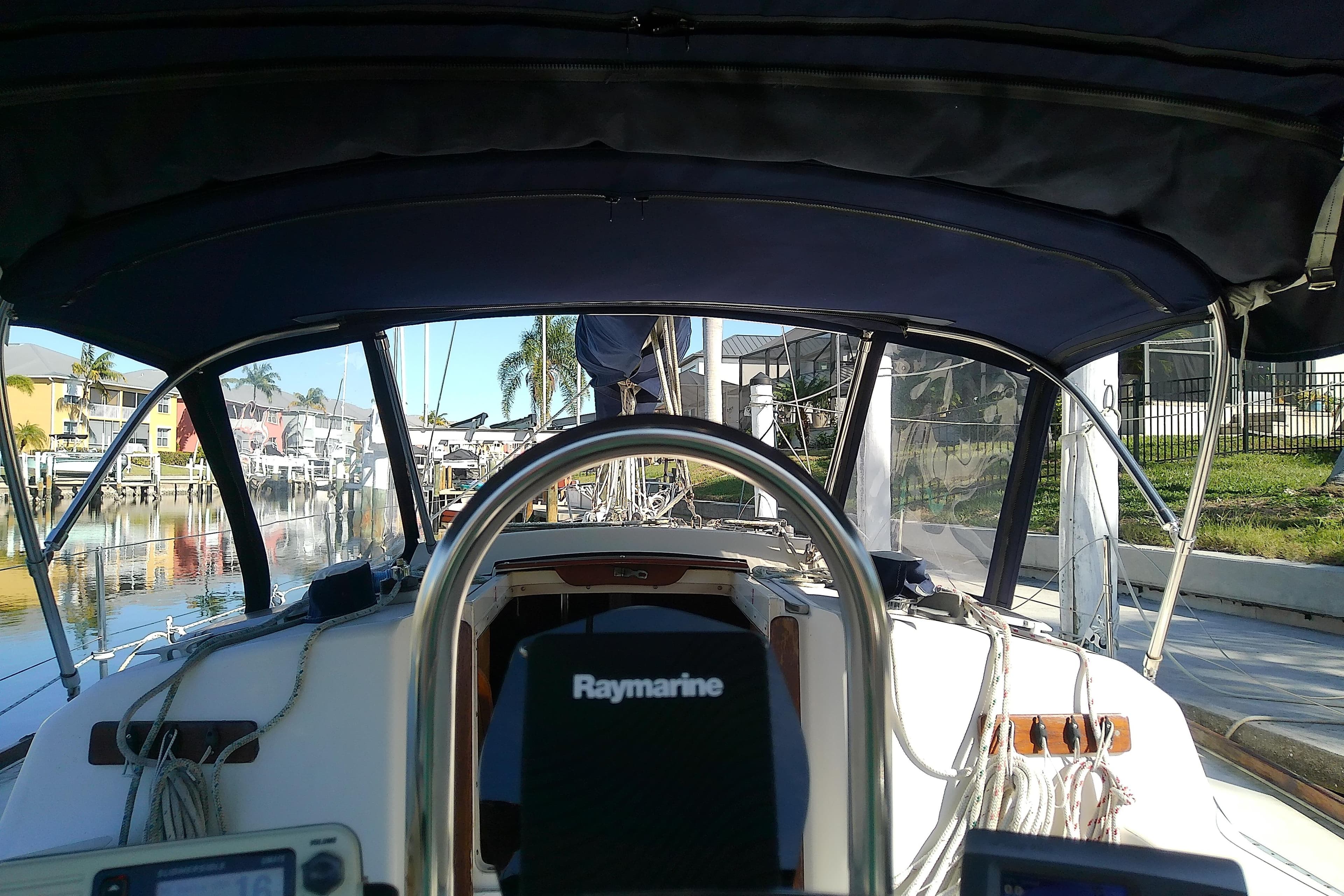 Cockpit view of a 1988 Pearson 36-2 sailboat with Raymarine equipment.