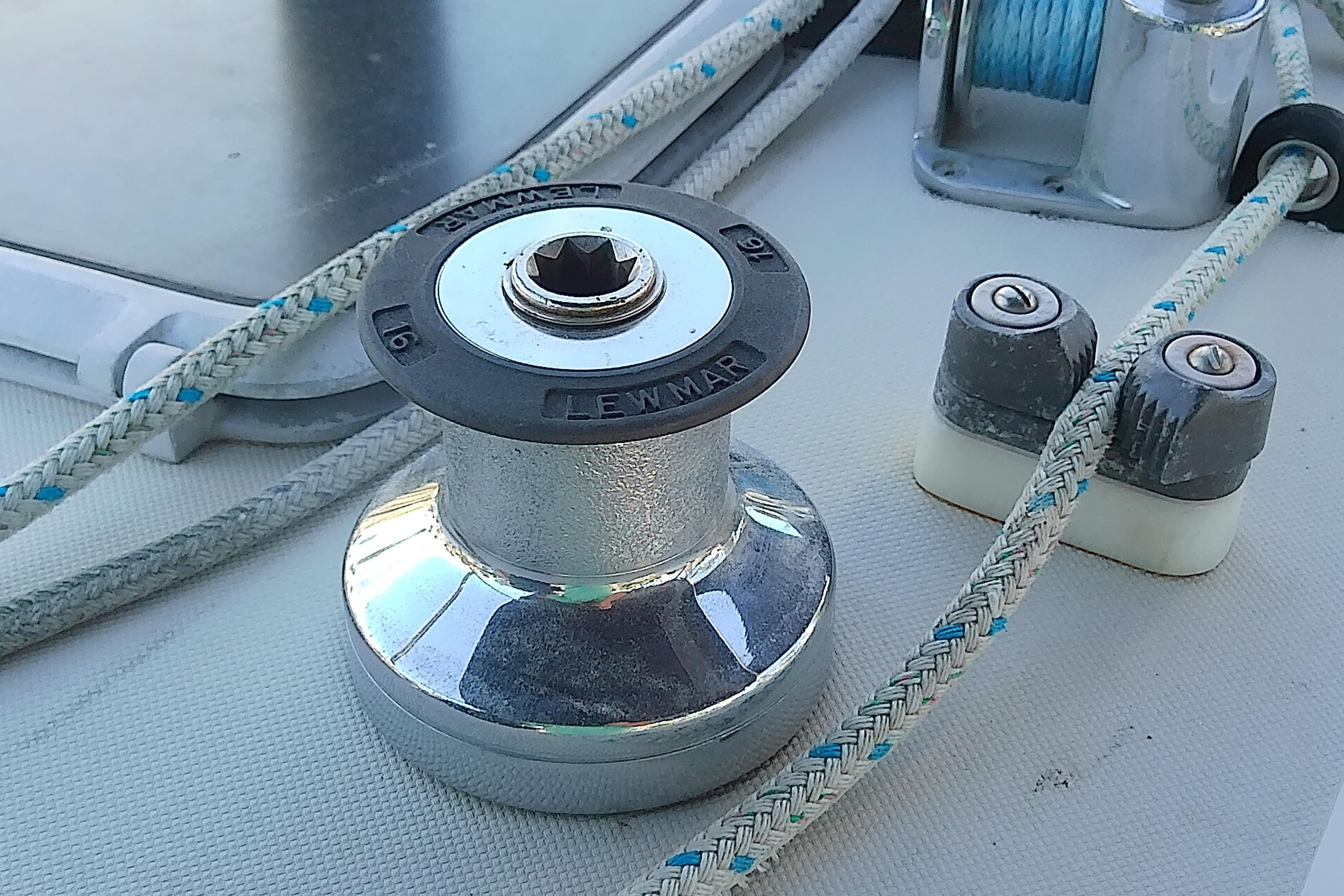 Sailboat deck with Lewmar winch and ropes, Pearson 36-2, 1988 model.