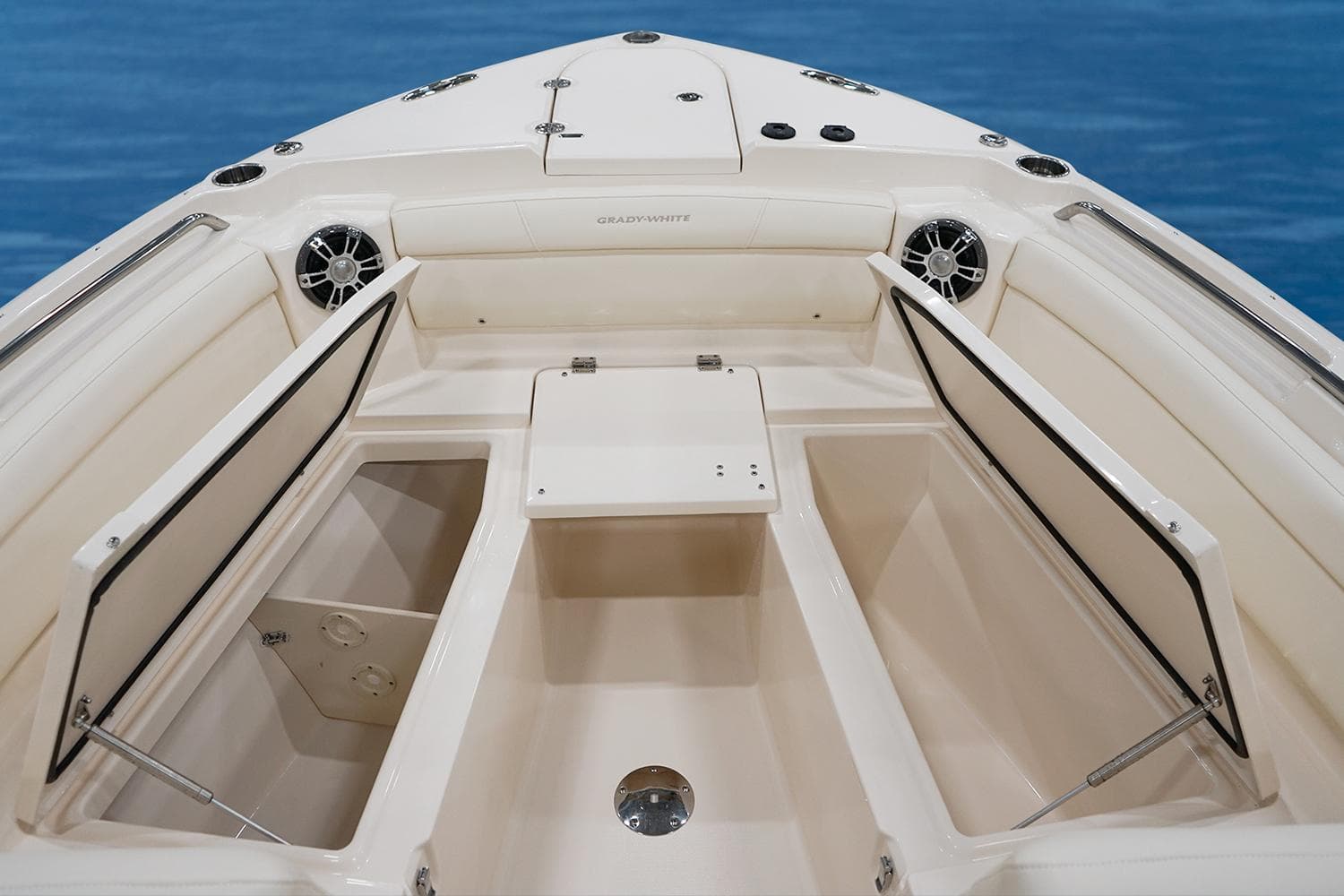 Manufacturer Provided Image: 2023 Grady-White Freedom 285 boat interior with open storage compartments.