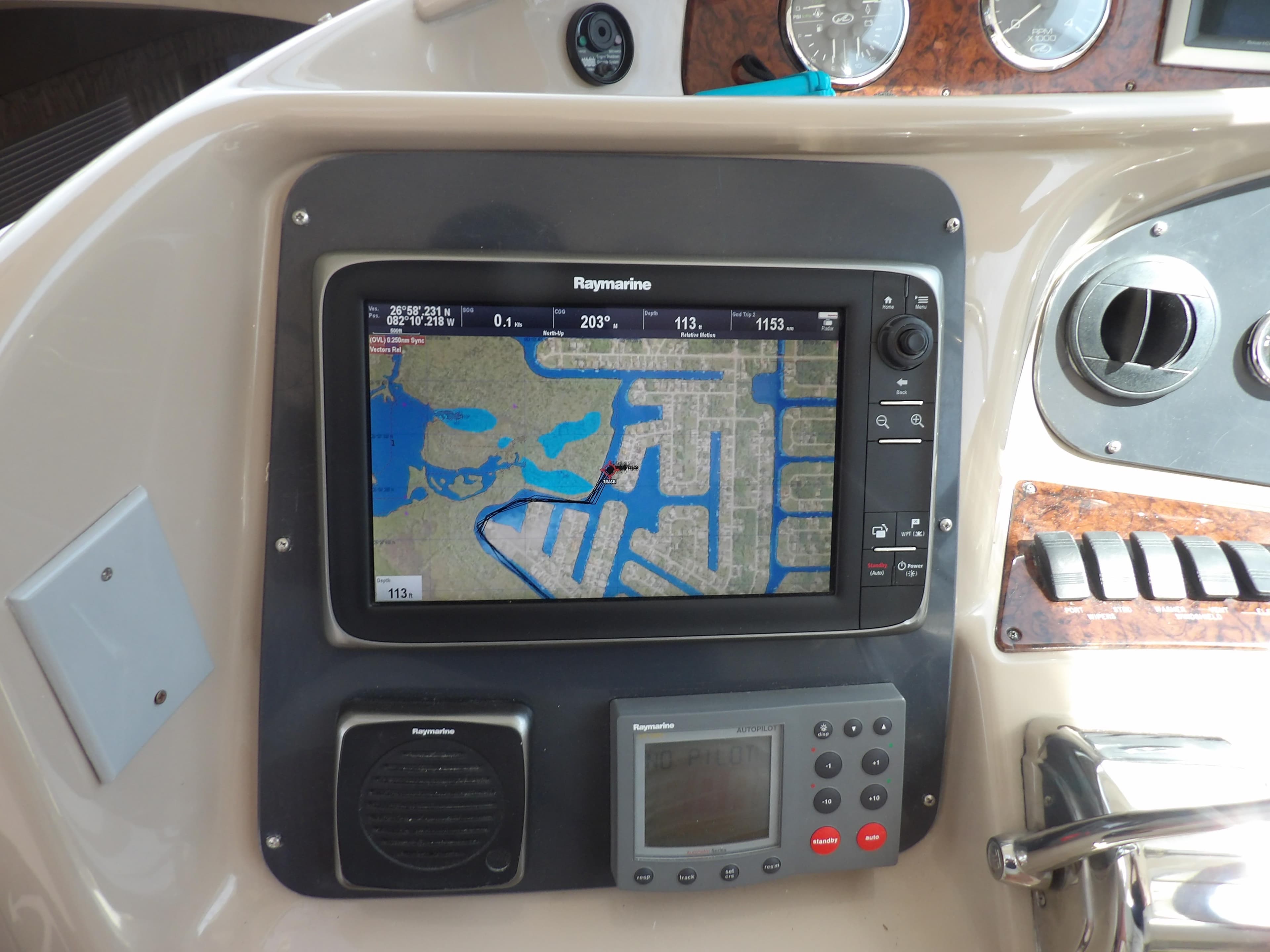 Navigation system on 2003 Sea Ray 390 Motor Yacht dashboard.