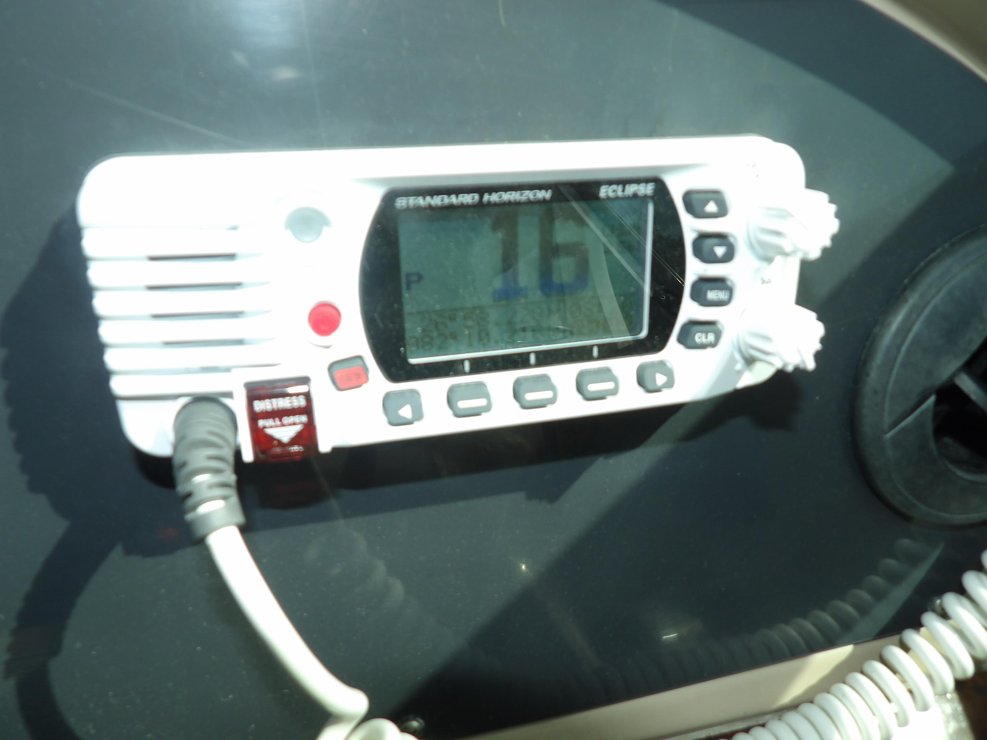 Standard Horizon Eclipse radio on 2003 Sea Ray 390 Motor Yacht dashboard.