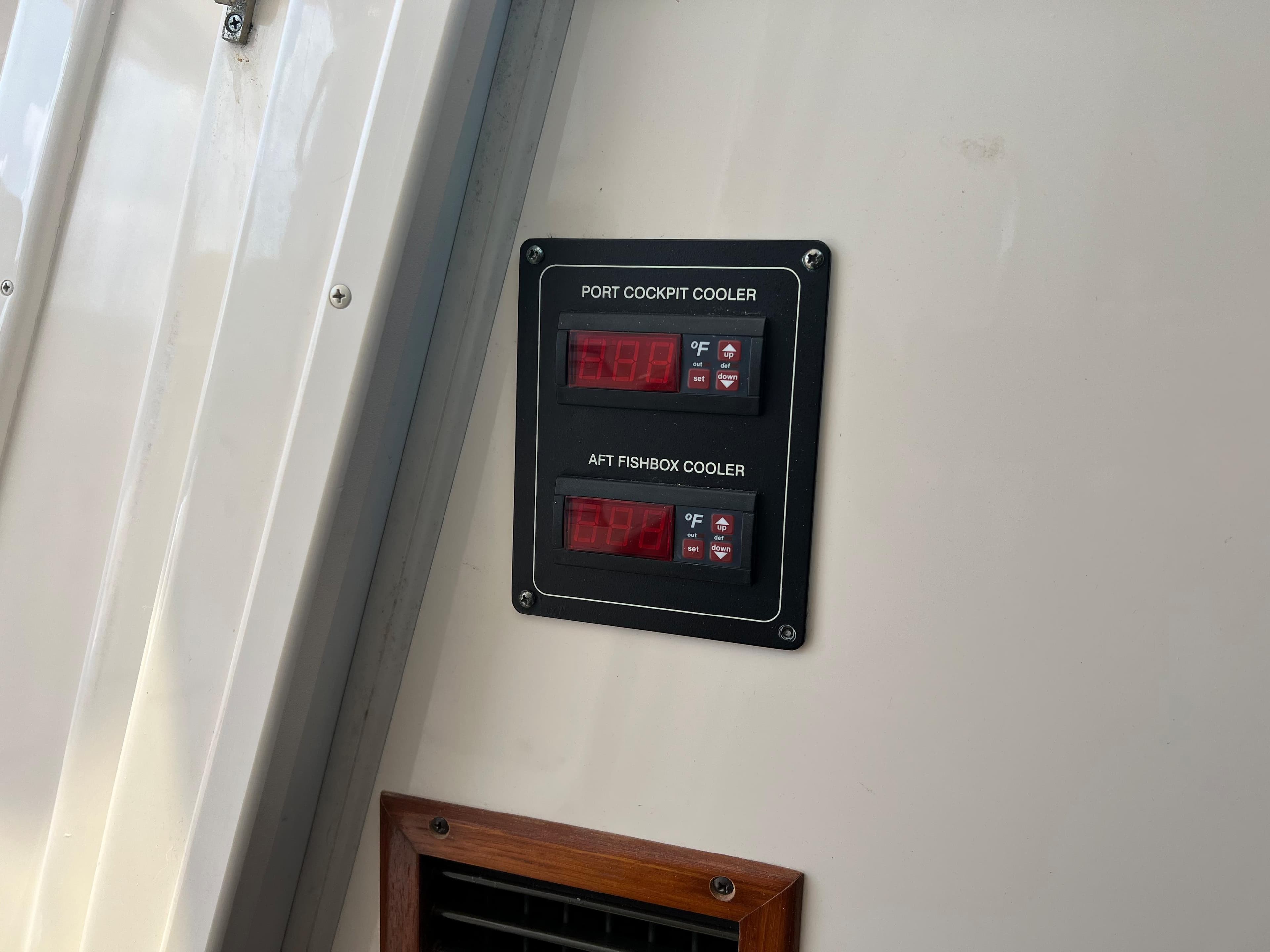 Control panel for coolers on 2006 Grady-White 360 Express boat.